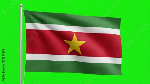Waving Suriname National Flag on Green Screen Background