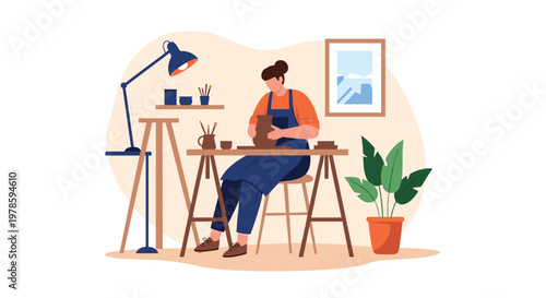 Creative female artist working in her pottery studio sculpting a clay vase on a table with a desk lamp and indoor plants.