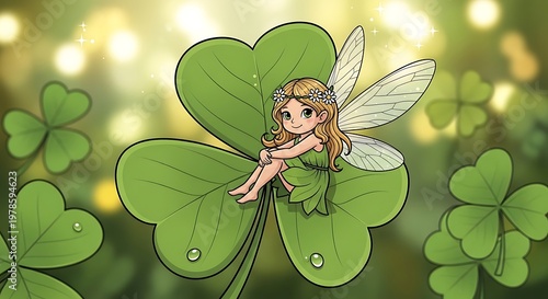Fairy sitting on green clover.