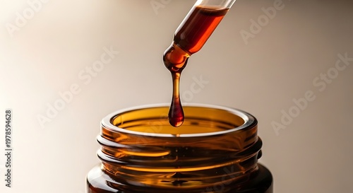 Amber glass dropper dispensing viscous dark liquid into an amber glass container highlighting fluid dynamics and careful measurement in scientific or cosmetic applications showing precision and