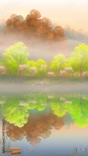 Serene lake with trees reflecting calmness.