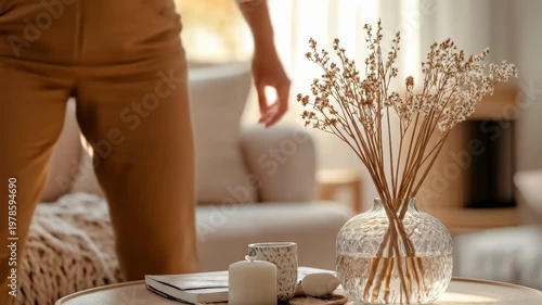 Middle-aged woman standing up from a sofa in a bright, minimalist living room with a vase of dried flowers in the foreground.