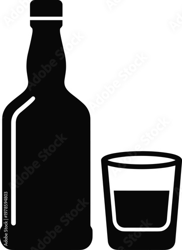 Black silhouette of alcohol bottle and glass icon minimal bar drink concept isolated beverage container illustration design simple modern style
