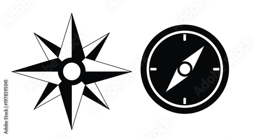 A stark black and white illustration depicting a star shaped compass and a circular navigational compass