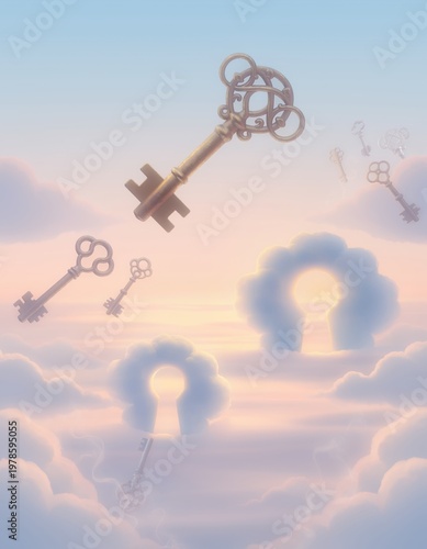 Keys floating in the sky with clouds.