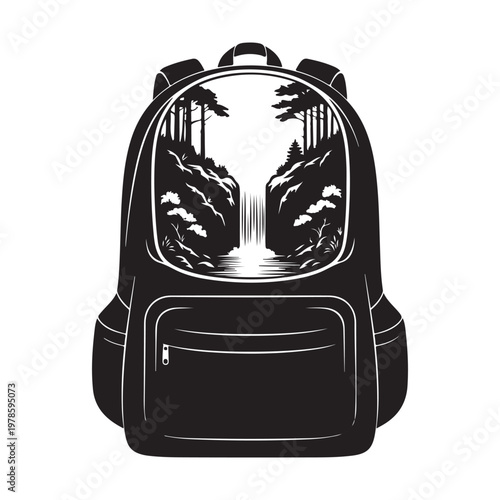 Black backpack silhouette with white forest waterfall nature landscape design.