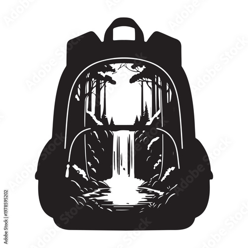 Black backpack silhouette with white forest waterfall nature landscape design.