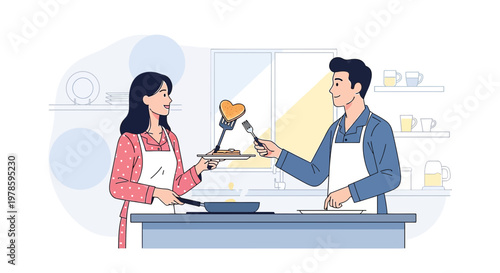 Couple Cooking Heart-Shaped Pancakes Together in Kitchen - Love and Romance