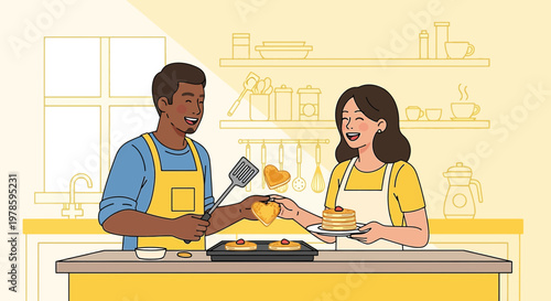 Couple cooking pancakes together in kitchen, heart shapes, happy lifestyle