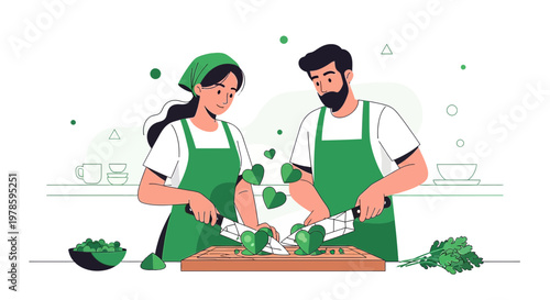 Couple Cooking Together Healthy Food, Slicing Vegetables, Love Hearts Illustration