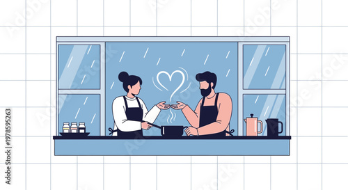 Couple Cooking Together with Heart Steam, Romantic Kitchen Scene