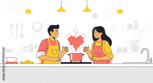 Couple Cooking Together: Love Hearts Steam from Pot, Kitchen Scene Illustration