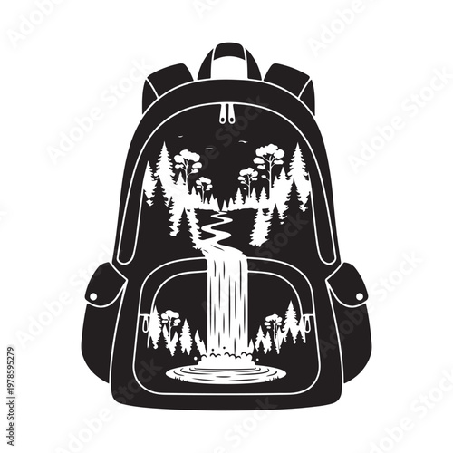 Black backpack silhouette with white forest waterfall nature landscape design.