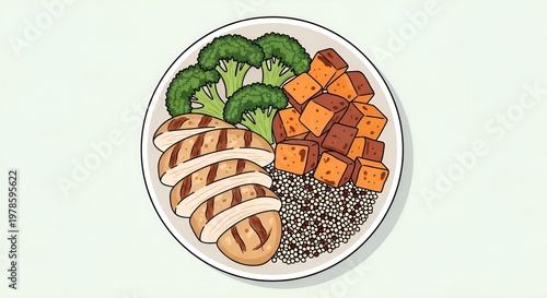 Illustration of grilled chicken broccoli sweet potato and quinoa