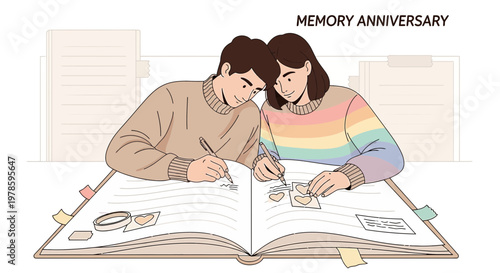 Couple Cherishing Memories Together in a Scrapbook, Anniversary Celebration