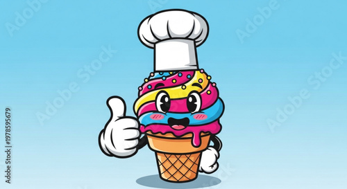 Colorful ice cream cone character wearing chef hat gives thumbs up on blue background symbolizing fun dessert chef