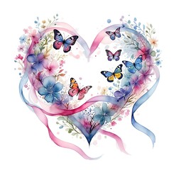 Watercolor butterflies and flowers arranged in a heart shape design