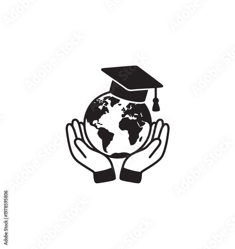 Global Education Hands Holding Earth With Graduation Cap.