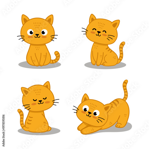 Set of funny cute cats in different poses in flat style. Cartoon kitten. Ginger cat. Vector illustration