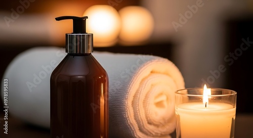 Relaxing spa ambiance captured with a dispenser bottle rolled towel and glowing candle creating a serene atmosphere for wellness and self care moments emphasizing tranquility