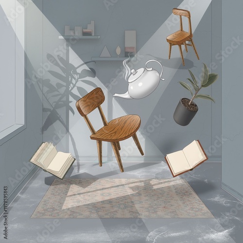 Floating furniture and books in room.