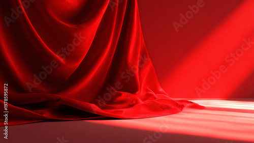 Minimal red studio background with soft shadow.