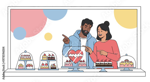 Couple Choosing Romantic Heart Cake at Bakery Window Display