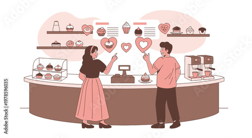 Couple choosing sweet treats at a charming bakery, heart-shaped desserts displayed