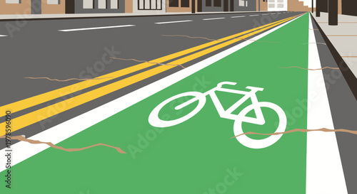 A white bicycle symbol painted on the urban asphalt road marks a dedicated cycling lane for safe city transport and biking path traffic