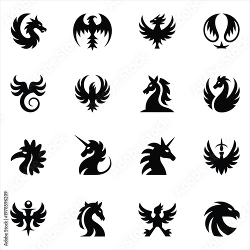 Fantasy creature icons set featuring dragons phoenixes unicorns and griffin silhouettes