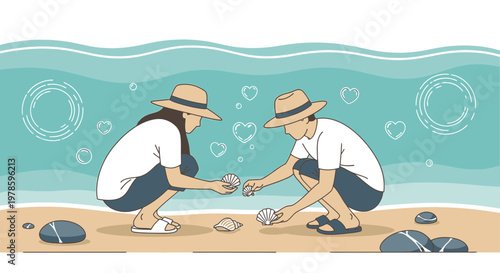 Couple collecting seashells on beach, romantic hearts illustration, summer vacation love