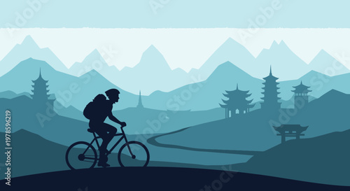 A woman cyclist enjoys a summer mountain bike ride at sunset, capturing the silhouette of her bicycle against the sky during an outdoor adventure in nature