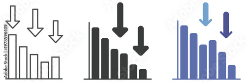 set of economic and financial bar chart icons, showing decrease, negative growth, and downward trends, stock market crash and business loss representation, vector illustration collection for finance