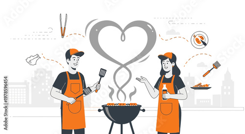 Couple Cooking BBQ Together with Heart Symbol Illustration