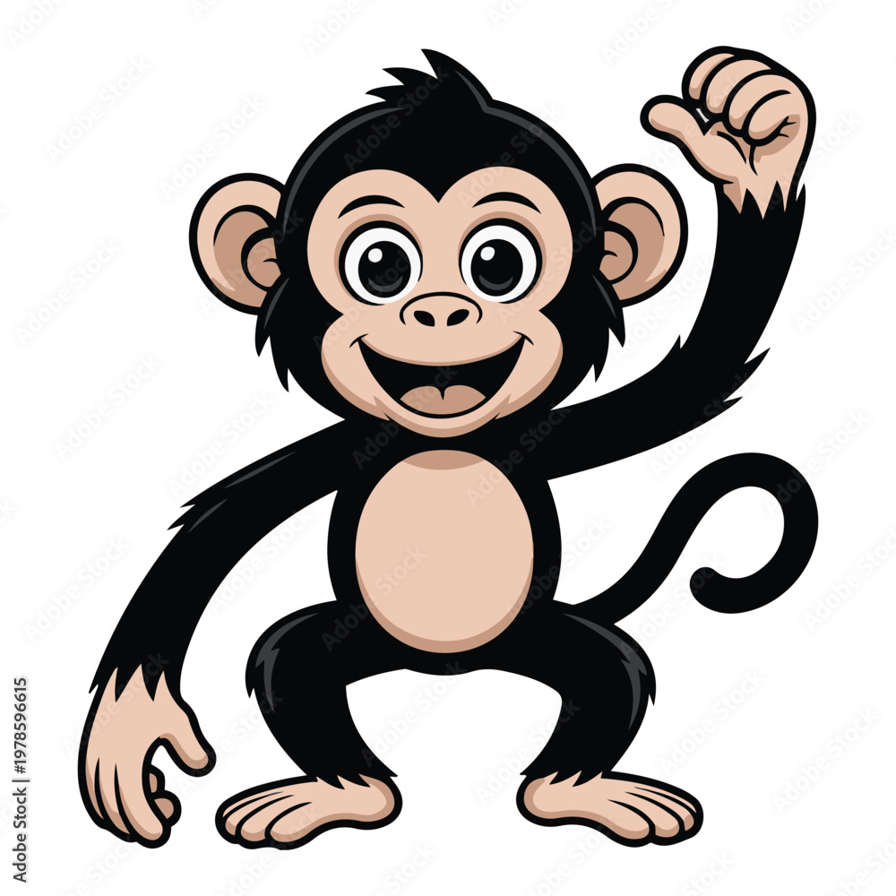 Fototapeta premium Cute cartoon monkey character waving hand with a big smile isolated on white background for children and zoo projects