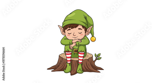 Cute Elf Boy Sitting on Stump, Dreaming of Christmas