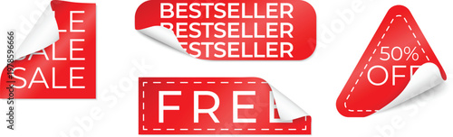 Sale savings and bestseller badges on red background for marketing