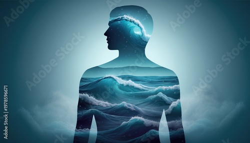 Human silhouette with cloudy landscape inside.