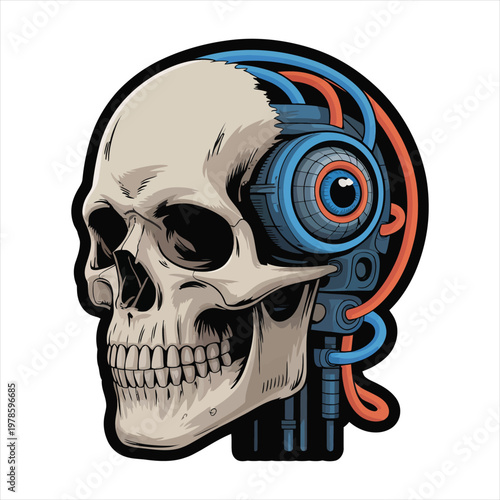 Cyberpunk skull illustration with robotic enhancements and glowing blue eye for futuristic science fiction and technology concepts