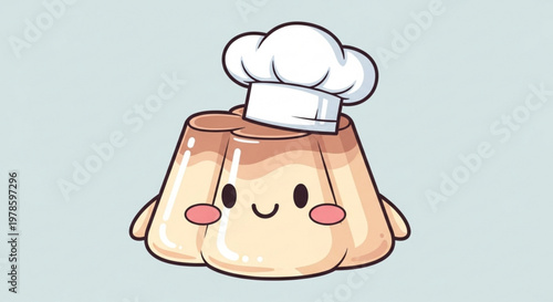 Cute cartoon panna cotta dessert wearing chef hat on light blue background for food and cooking concepts