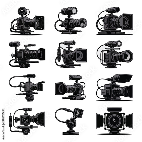 Detailed illustrations of professional video cameras for filming and production purposes