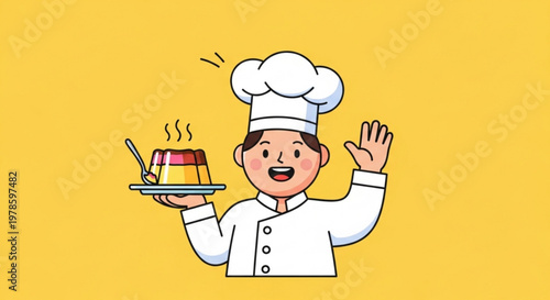 Cartoon chef presenting a slice of colorful dessert on a plate with a welcoming gesture