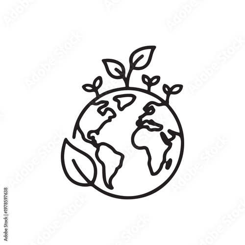 Minimal line icon of Earth with growing leaves. Clean black outline on white, hopeful mood for climate action, ESG, and environmental UI design.