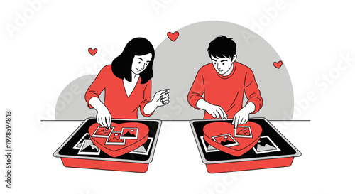 Couple Creating Heart Shaped Photo Album Together, Love Memory Concept