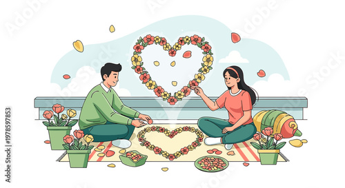 Couple Creating Heart Shaped Flower Arrangements, Romantic Love Symbol