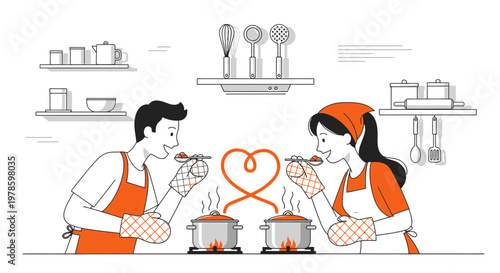 Couple Cooking Together, Heart Shape Steam, Romantic Kitchen Scene