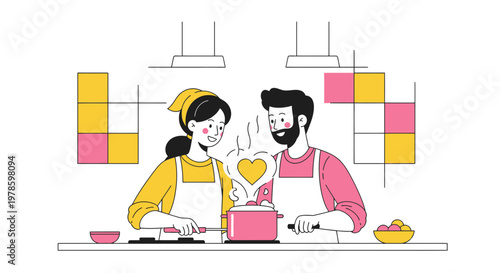 Couple Cooking Together, Love Heart Steam, Romantic Kitchen Illustration