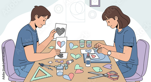Couple crafting handmade heart cards, creative hobby, togetherness and love illustration