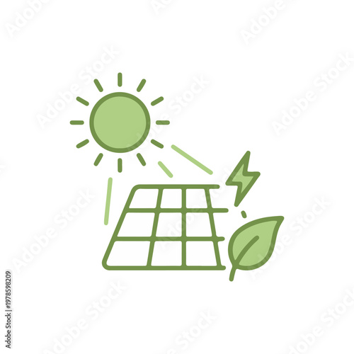 Green line icon of solar panel with sun rays and leaf on white background, soft lighting, clean eco-friendly mood, ideal for apps, UI, web, and sustainability branding.
