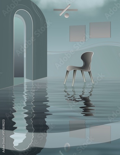 Flooded room with chair and archway.